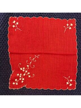 Red & White Cotton Handkerchief Floral Embroidery Holly? Holiday? Christmas?